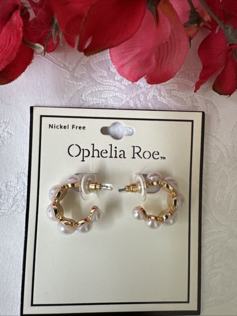 Ophelia Roe Pearl Gold Tone Chunky Hoop Drop Earrings Small 3/4" Nickel Free NEW